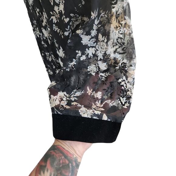 Alice Blue Sheer Long Swing Cut Cardigan Kimono With Velvet Trims Black Floral - Picture 5 of 5